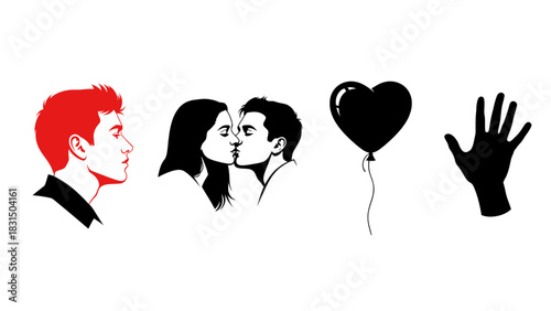 Illustrations of a man's profile, a couple kissing, a heart balloon, and a hand silhouette.