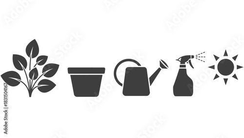 A set of five simple icons representing the essential elements of gardening and plant care.