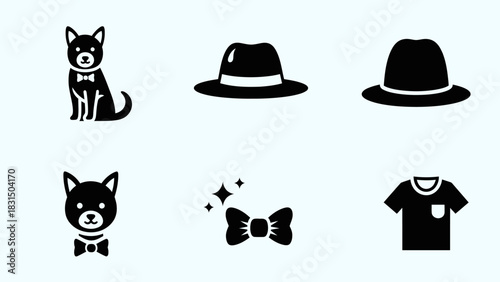 Black silhouette icons of a dog, hats, bow ties, and a t-shirt on a light blue background.