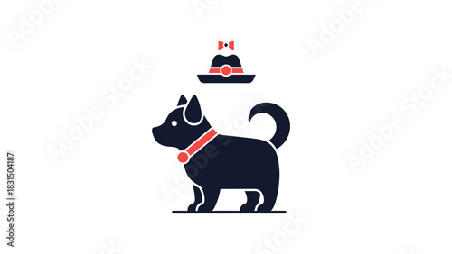 A charming black dog with a red collar and a floating hat with a red bow on a clean white background.