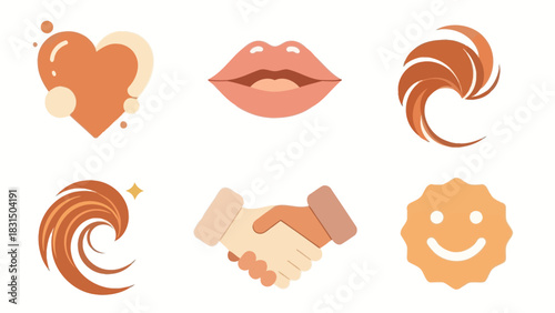 A collection of six modern flat design icons representing love, communication, and partnership in a warm color palette.