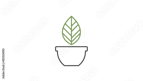 Minimalist line art icon of a green leaf growing in a simple white pot, representing nature and growth.