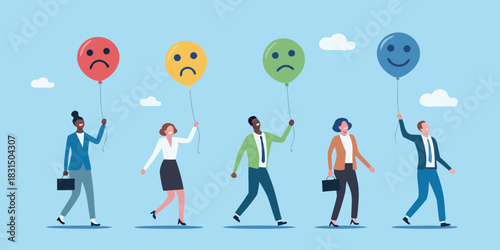 Diverse business people holding balloons representing different emotions and moods