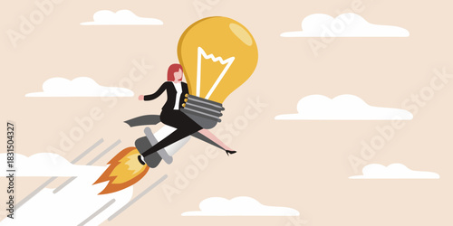 Businesswoman riding a rocket powered by a bright idea lightbulb