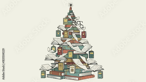 A unique and creative Christmas tree design composed of books, creating a festive holiday aesthetic.