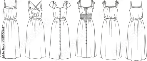 Women's summer dresses fashion flat sketch, CAD fashion illustration, sleeveless dress design, front and back views, vector template