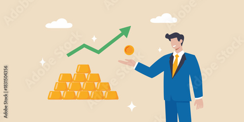 Man with gold bars and upward trend graph