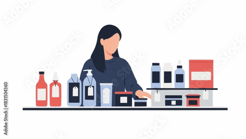 A woman organizing beauty products on shelves.