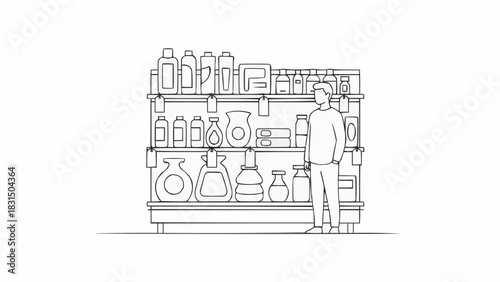 A person standing in front of a shelf filled with various items. 