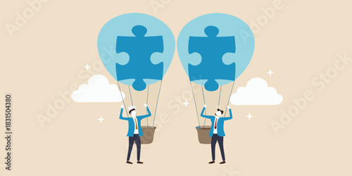 Two businessmen in hot air balloons with puzzle pieces symbolizing teamwork and success