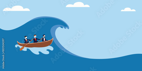 Businessmen rowing a boat through a giant wave