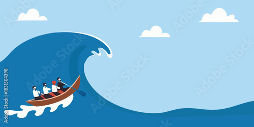 Team rowing a boat against a giant wave