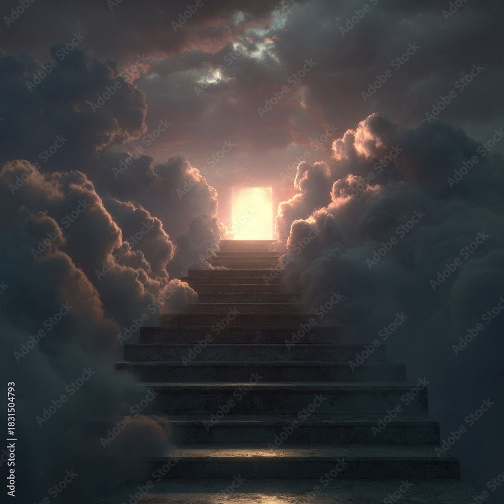Fototapeta premium A stairway ascends through swirling clouds toward a radiant, luminous gateway, beckoning with hope and promise in the celestial expanse above in the sky.