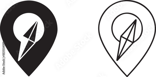 Two location pin icons with compass needle one filled black and the other an outline on white background