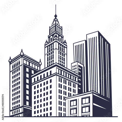 Dark blue city skyline silhouette with varied buildings