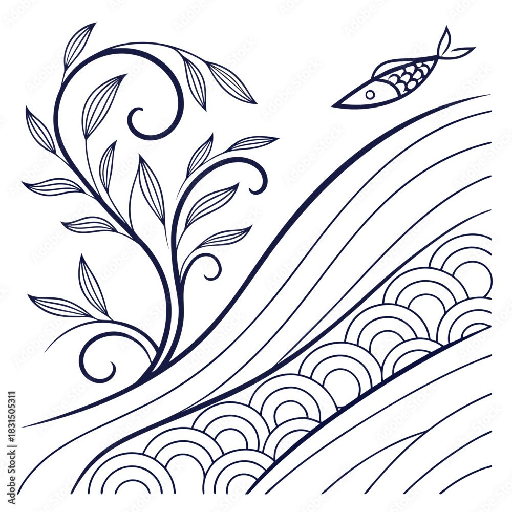 Fototapeta premium Dark blue line art fish and plant on wavy background