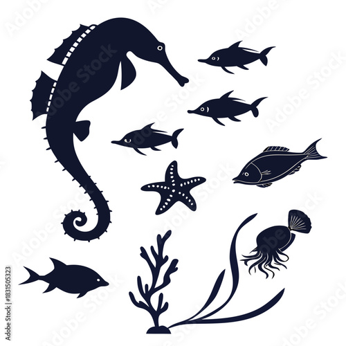 Dark blue marine life silhouettes on white background