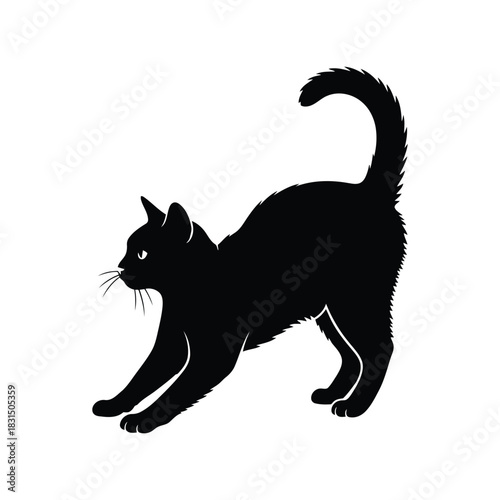 Playful black cat silhouette stretching vector illustration