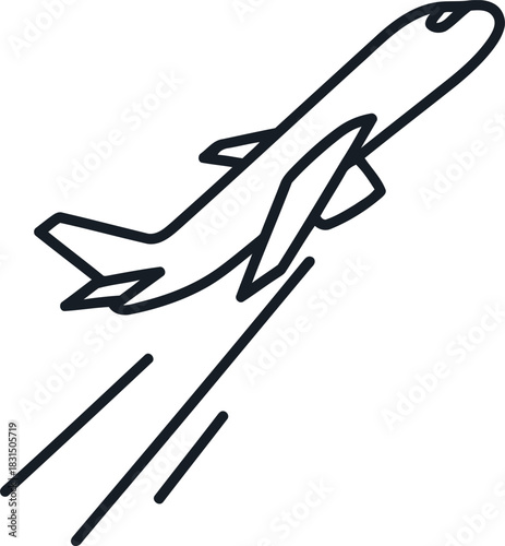Simple line icon of an airplane taking off or ascending, isolated on white background