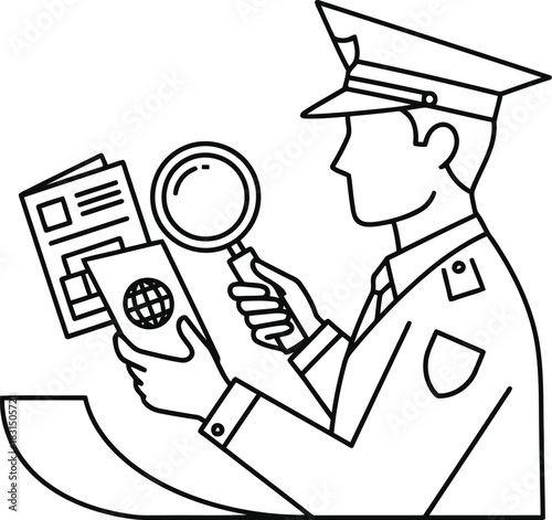 Border control officer examining passport and document with magnifying glass isolated on white background