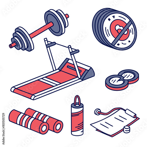 Fitness equipment icons dumbbell treadmill foam rollers