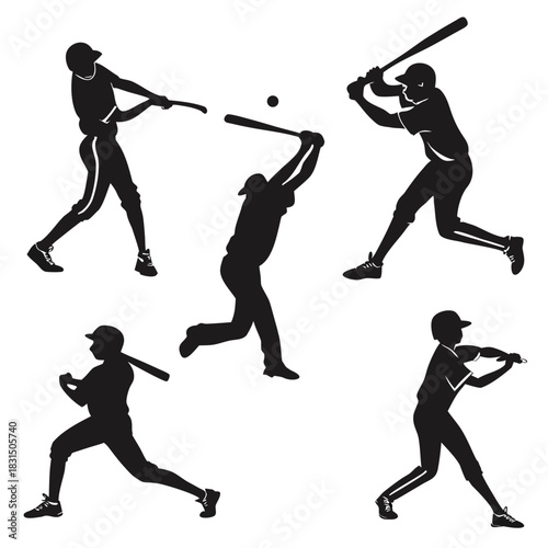 Five black baseball player silhouettes in action sport