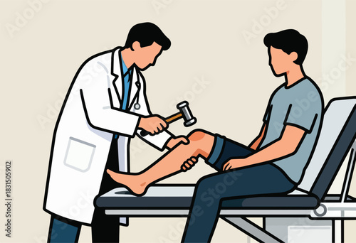 A doctor examines a patient's knee with a reflex hammer. The patient sits on a medical exam table