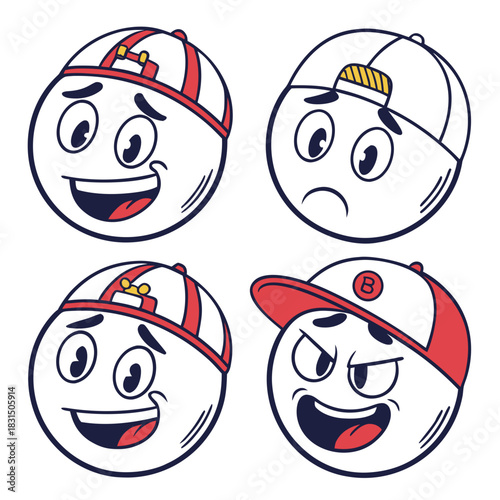 Four cartoon faces with baseball caps and different expressions
