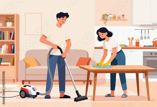 Illustration of a couple cleaning their home. One vacuums while the other wipes a table. Domestic scene
