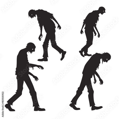 Four black zombie silhouettes walking on white dark