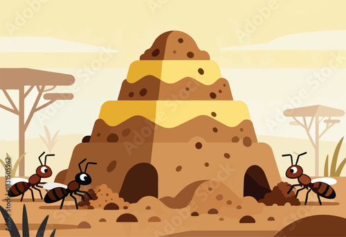Illustration features ants constructing a layered, earthen ant hill in a simplified savannah setting