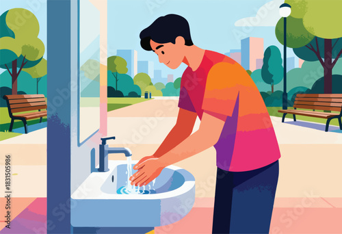 A person washes hands at an outdoor sink in a park setting, with trees, benches, and city skyline
