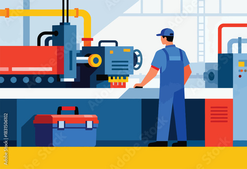 A mechanic stands next to industrial machinery, a toolbox at his feet, in a stylized graphic illustration