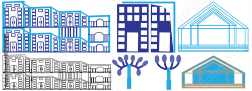 Modern Architectural Building Floor Plan and Elevation Illustration Set Featuring Symmetrical Layouts, Clean Line Art, Blue Accents and Detailed Apartment Block Designs for Professional Use