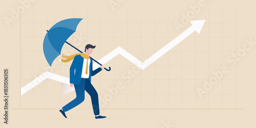 Businessman with umbrella walking on rising stock market graph