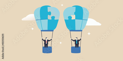 Two businessmen in hot air balloons made of puzzle pieces soar through the sky