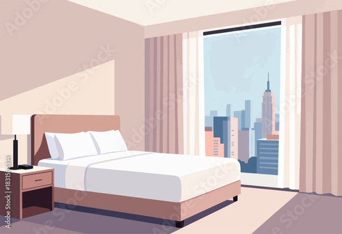 A stylized bedroom interior, featuring a bed, nightstand, and window with a cityscape view, with soft pastel tones