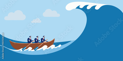 Team of businessmen rowing a boat facing a giant wave