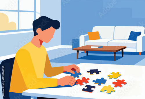 An illustrated person sits, focused on a jigsaw puzzle at a table, inside a room with furniture