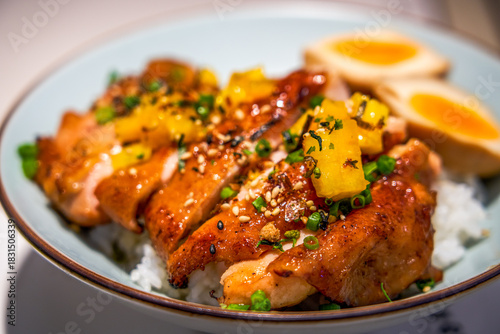 A bowl of delicious and fragrant Japanese teriyaki chicken leg rice