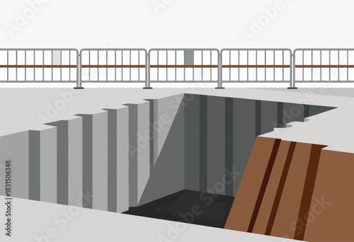 An illustration shows an open construction pit behind a barricade, with a brown edge