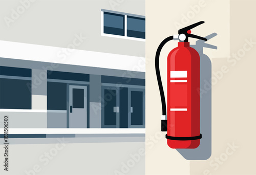 A building facade and a red fire extinguisher on a beige wall are depicted in a stylized flat design