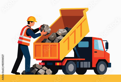 A construction worker loads rocks into a dump truck. The truck is open, with a full bed, and worker wears safety gear