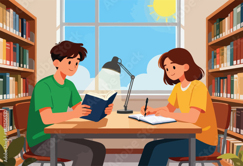 Two students read and write at a table in a library setting, with bookshelves and a window showing a bright sky