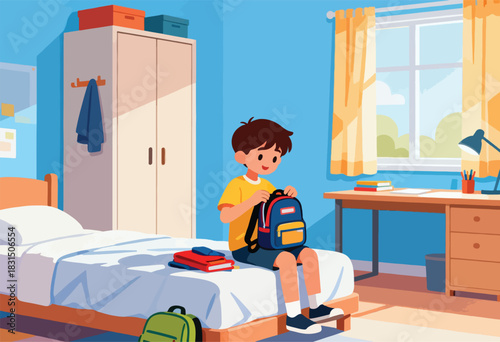 A child sits on the bed, packing a backpack in a bright, colorful bedroom with a desk by a window