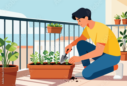 A person gardens on a balcony amidst plants and pots, using a trowel. Sky and buildings are in the background