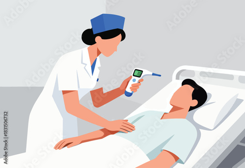 A nurse in white uniform and blue cap takes a patient's temperature with an electronic thermometer in a hospital room