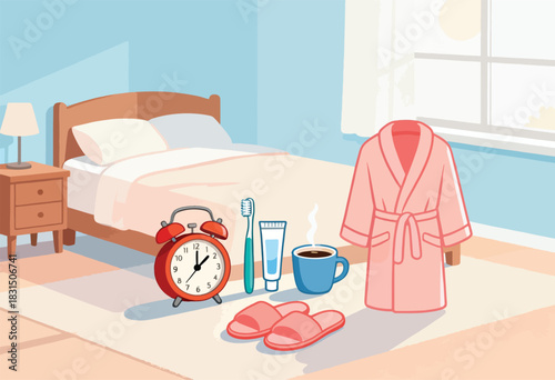 A cozy illustration depicts a bedroom scene with a bed, alarm clock, bathrobe, coffee, & toothbrush