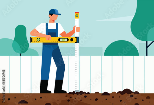 A construction worker using a level and measuring tool outdoors, with a fence and greenery in the background