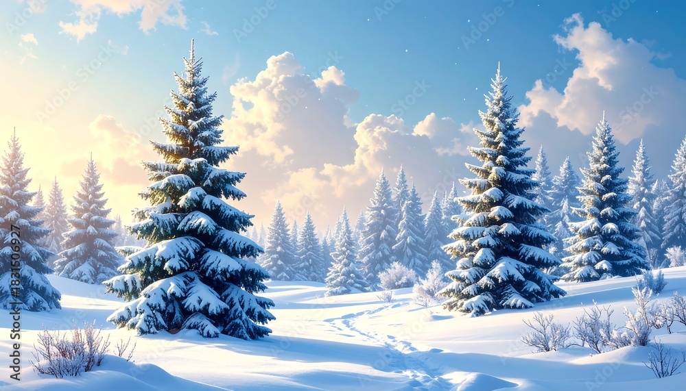 Naklejka premium Snowy winter forest scene, sunlit fir trees, blue sky with clouds